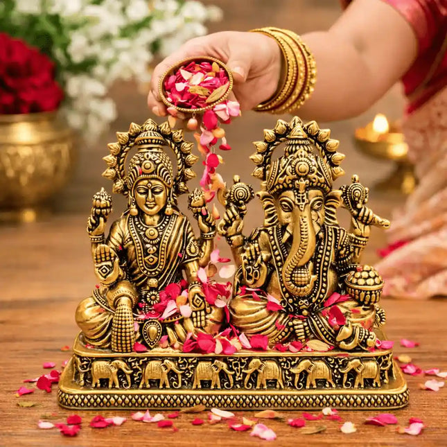 Brass Lightweight Sitting Ganesha and Lakshmi Idol (2.8 Inch)