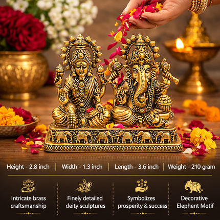 Brass Lightweight Sitting Ganesha and Lakshmi Idol (2.8 Inch)