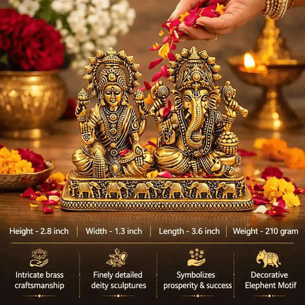 Brass Lightweight Sitting Ganesha and Lakshmi Idol (2.8 Inch)