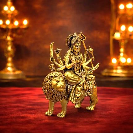 Brass Lightweight Goddess Durga Idol Sitting on Lion