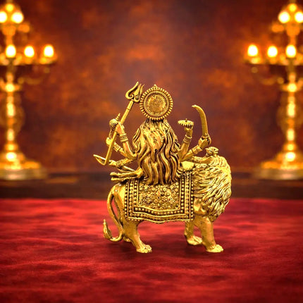 Brass Lightweight Goddess Durga Idol Sitting on Lion