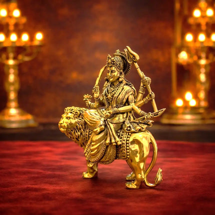 Brass Lightweight Goddess Durga Idol Sitting on Lion