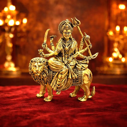 Brass Lightweight Goddess Durga Idol Sitting on Lion