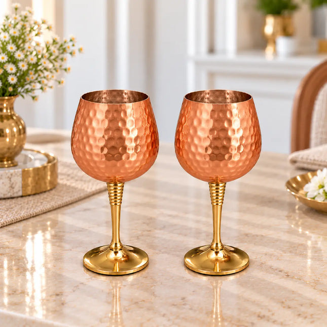 Brass Copper And Steel Hammered Wine Glass Pair