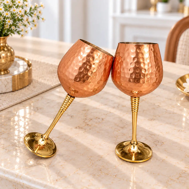 Brass Copper And Steel Hammered Wine Glass Pair