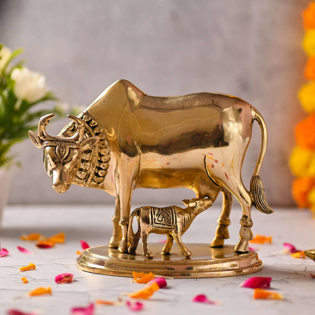 Brass Kamdhenu Cow With Calf Idol (6.5 Inch)