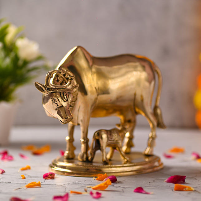Brass Kamdhenu Cow with Calf Idol – Symbol of Abundance and Devotion (6.5 Inch)