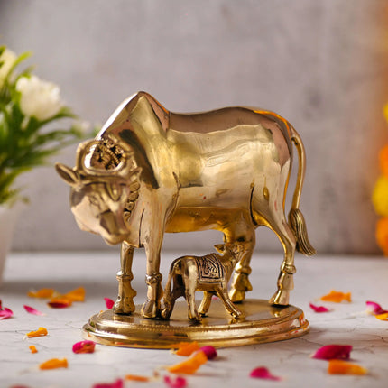 Brass Kamdhenu Cow With Calf Idol (6.5 Inch)