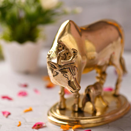 Brass Kamdhenu Cow With Calf Idol (6.5 Inch)