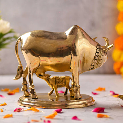Brass Kamdhenu Cow With Calf Idol (6.5 Inch)
