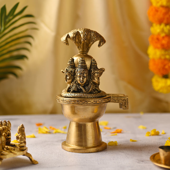 Brass Lord Shiva Mukhalingam Idol with Naga Canopy (8.2 Inch)