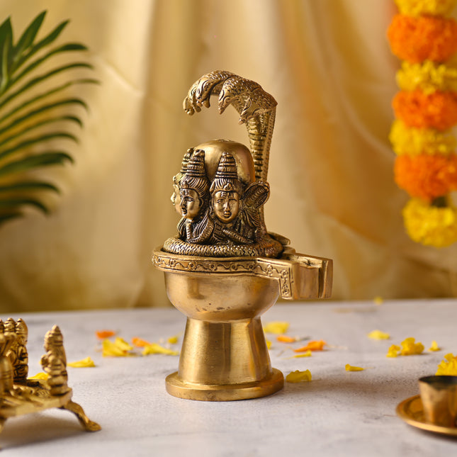 Brass Lord Shiva Mukhalingam Idol with Naga Canopy (8.2 Inch)