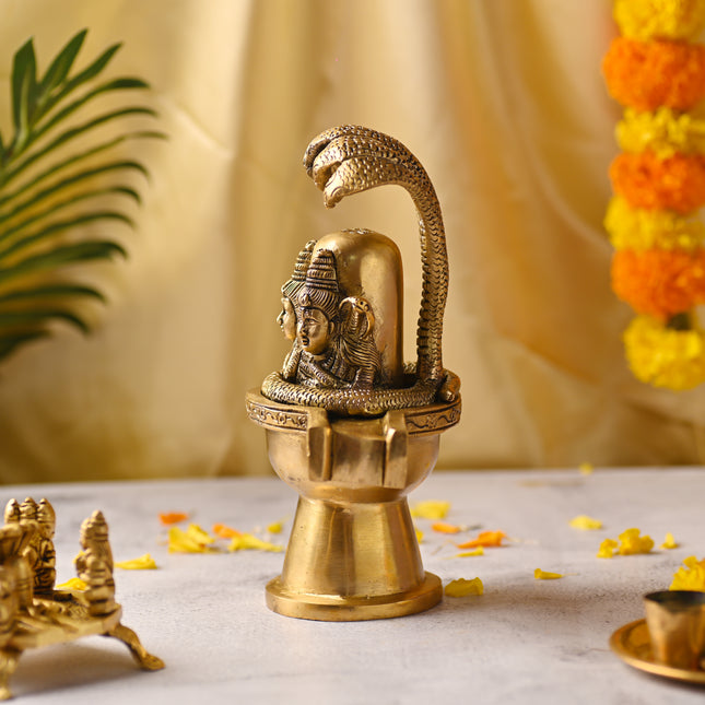 Brass Lord Shiva Mukhalingam Idol with Naga Canopy (8.2 Inch)