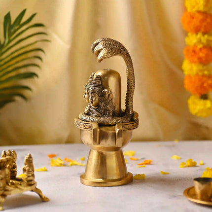 Brass Lord Shiva Mukhalingam Idol with Naga Canopy (8.2 Inch)