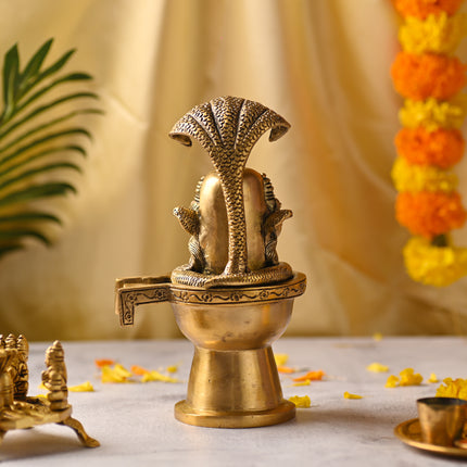 Brass Lord Shiva Mukhalingam Idol with Naga Canopy (8.2 Inch)