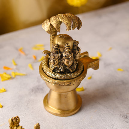 Brass Lord Shiva Mukhalingam Idol with Naga Canopy (8.2 Inch)