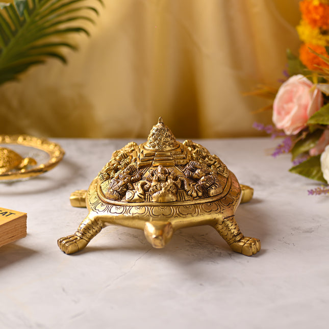 Brass Ashtalakshmi Shree Yantra Tortoise – Auspicious Handcrafted Decor (4.5 Inch)