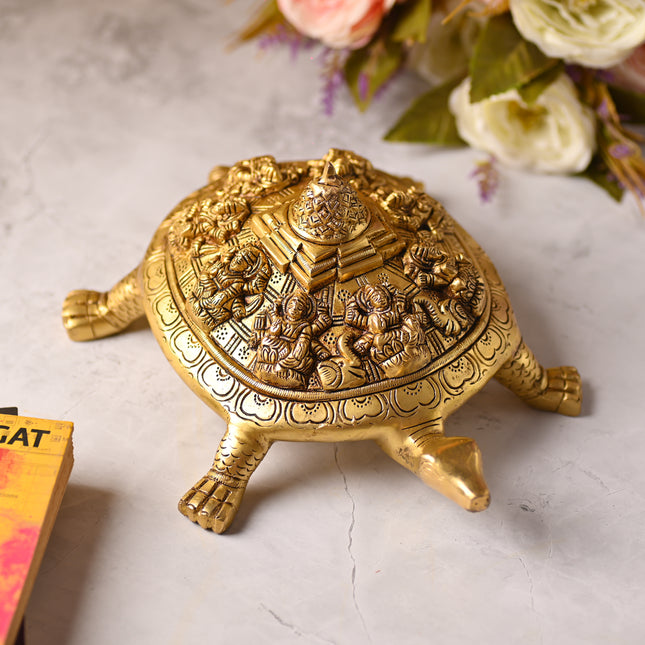 Brass Ashtalakshmi Shree Yantra Tortoise – Auspicious Handcrafted Decor (4.5 Inch)