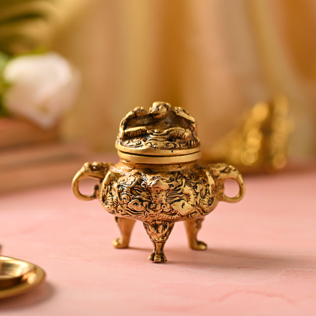 Brass Yali Dhoop Dani & Incense Holder – Majestic Brass Decor (4 Inch)