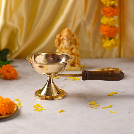 Brass Dhoop Aarti with Wooden Handle – Traditional Handmade Brassware