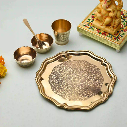 Brass Pooja Bhog Thali Set – Matka Murli Design (8 Inch)
