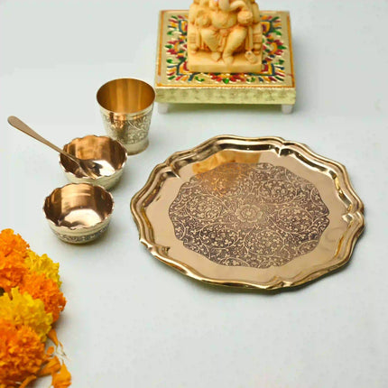 Brass Pooja Bhog Thali Set – Matka Murli Design (8 Inch)