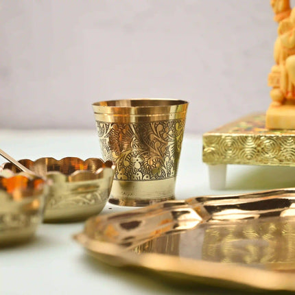 Brass Pooja Bhog Thali Set – Matka Murli Design (8 Inch)