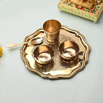 Brass Pooja Bhog Thali Set – Matka Murli Design (8 Inch)