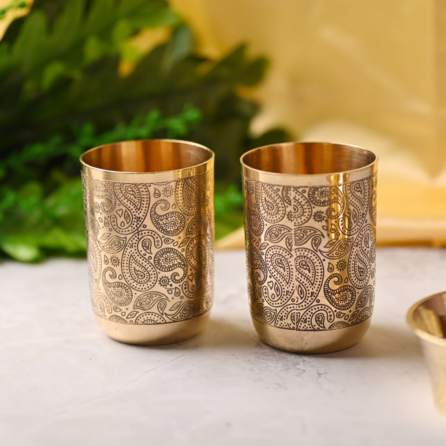 Brass Hand Carved Glass Pair – Elegant Traditional Drinkware (3.8 Inch)