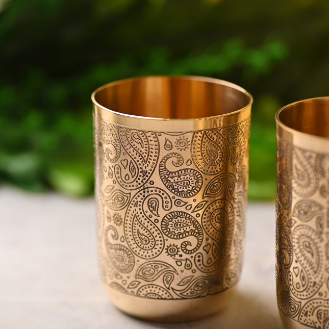 Brass Hand Carved Glass Pair – Elegant Traditional Drinkware (3.8 Inch)