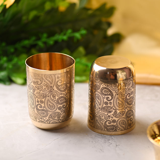 Brass Hand Carved Glass Pair – Elegant Traditional Drinkware (3.8 Inch)