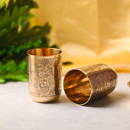 Brass Hand Carved Glass Pair – Elegant Traditional Drinkware (3.8 Inch)