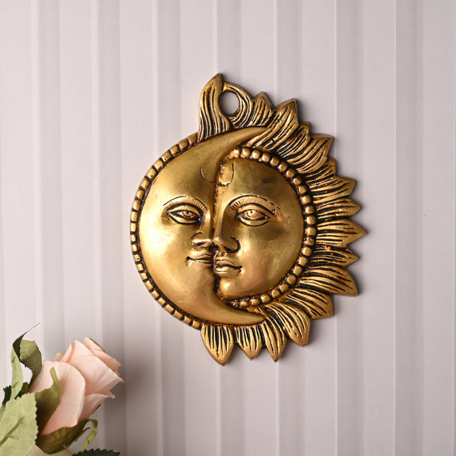 Brass Sun With Moon Wall Hanging – Handmade Premium Brass Decor (6.4 Inch)