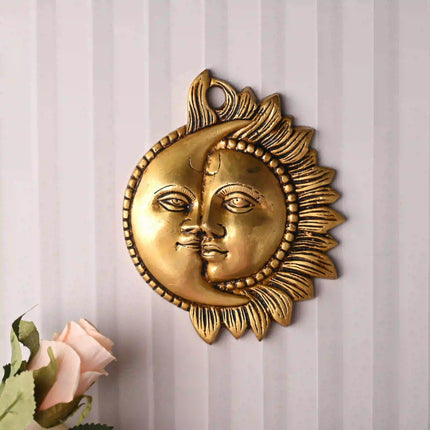 Brass Sun With Moon Wall Hanging – Handmade Premium Brass Decor (6.4 Inch)