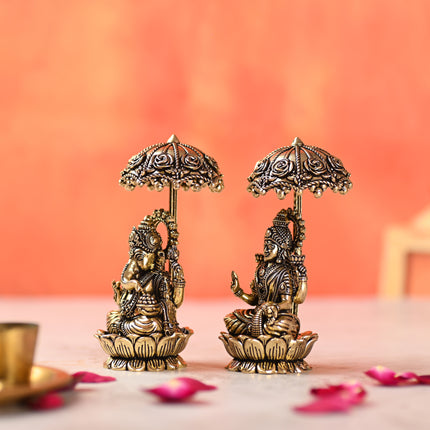 Brass Sitting On Lotus Ganesha And Lakshmi Idols Set With Umbrella (4.5 Inch)
