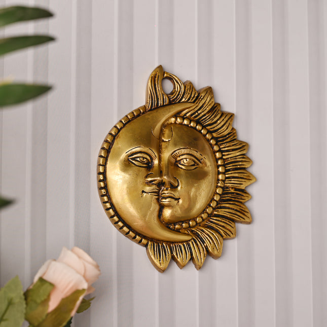 Brass Sun With Moon Wall Hanging – Handmade Premium Brass Decor (6.4 Inch)