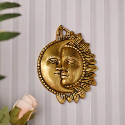 Brass Sun With Moon Wall Hanging – Handmade Premium Brass Decor (6.4 Inch)
