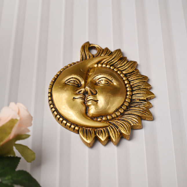 Brass Sun With Moon Wall Hanging – Handmade Premium Brass Decor (6.4 Inch)