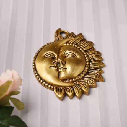 Brass Sun With Moon Wall Hanging – Handmade Premium Brass Decor (6.4 Inch)