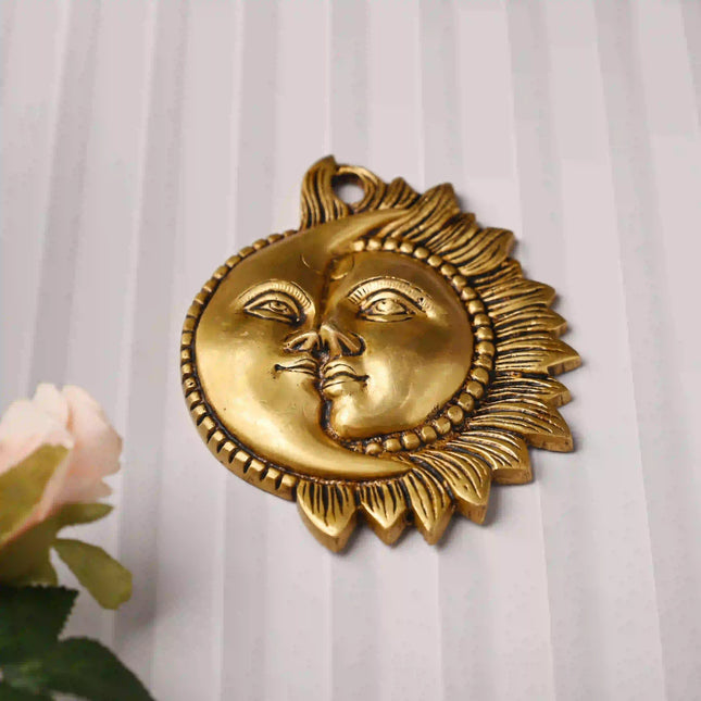 Brass Sun With Moon Wall Hanging – Handmade Premium Brass Decor (6.4 Inch)