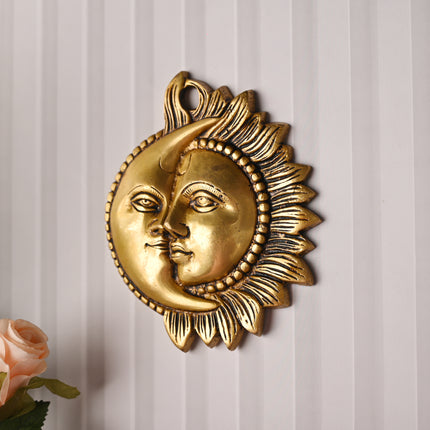 Brass Sun With Moon Wall Hanging – Handmade Premium Brass Decor (6.4 Inch)