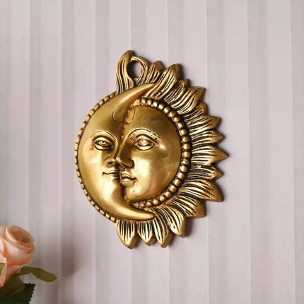 Brass Sun With Moon Wall Hanging – Handmade Premium Brass Decor (6.4 Inch)