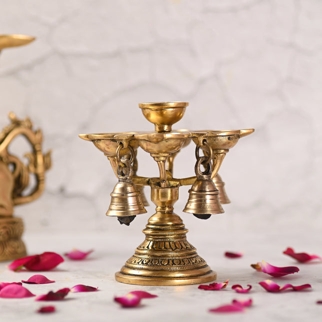 Brass Four Petal Diya With Hanging Bell (5 Inch)
