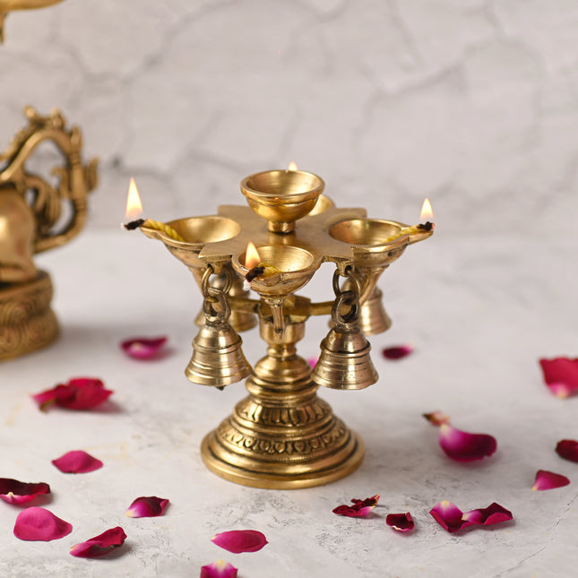 Brass Four Petal Diya With Hanging Bell (5 Inch)