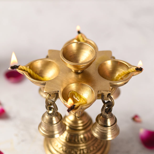 Brass Four Petal Diya With Hanging Bell (5 Inch)