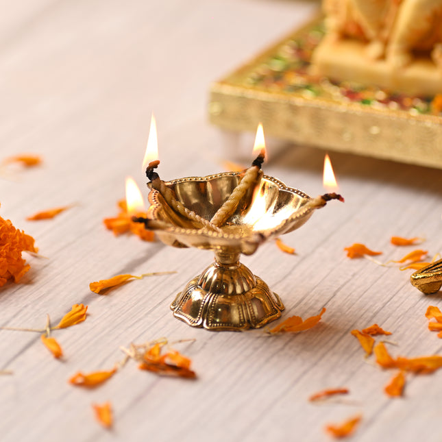 Brass Exquisite Five Petal Diya – Traditional Handmade Brass Lamp (1.6 Inch)