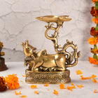 Brass Sitting Nandi Idol With Three Petal Diya (7 Inch)