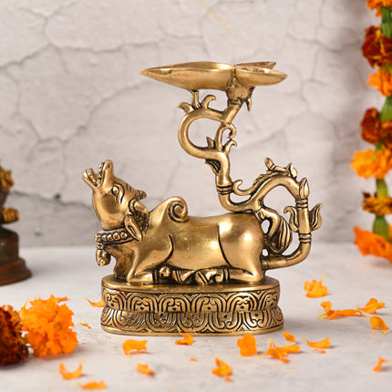 Brass Sitting Nandi Idol With Three Petal Diya (7 Inch)
