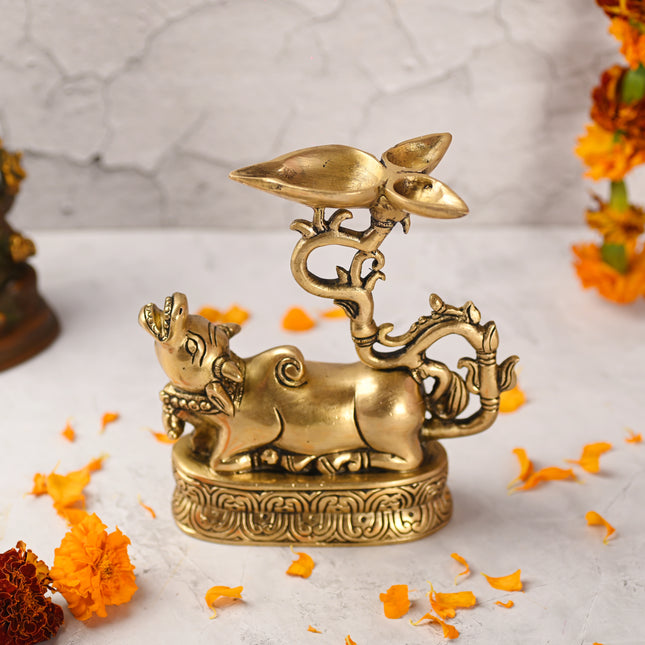 Brass Sitting Nandi Idol With Three Petal Diya (7 Inch)