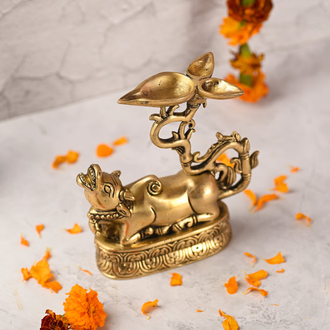 Brass Sitting Nandi Idol With Three Petal Diya (7 Inch)